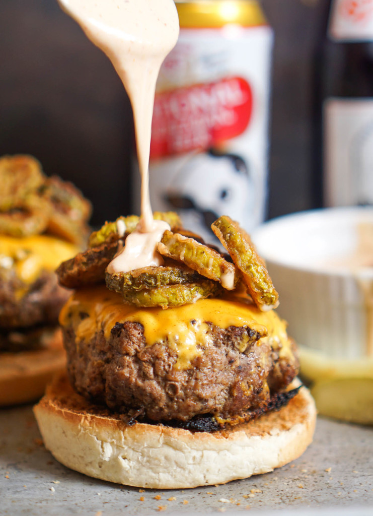 The Game Day Burger with Fried Pickles and Burger Bomb Sauce