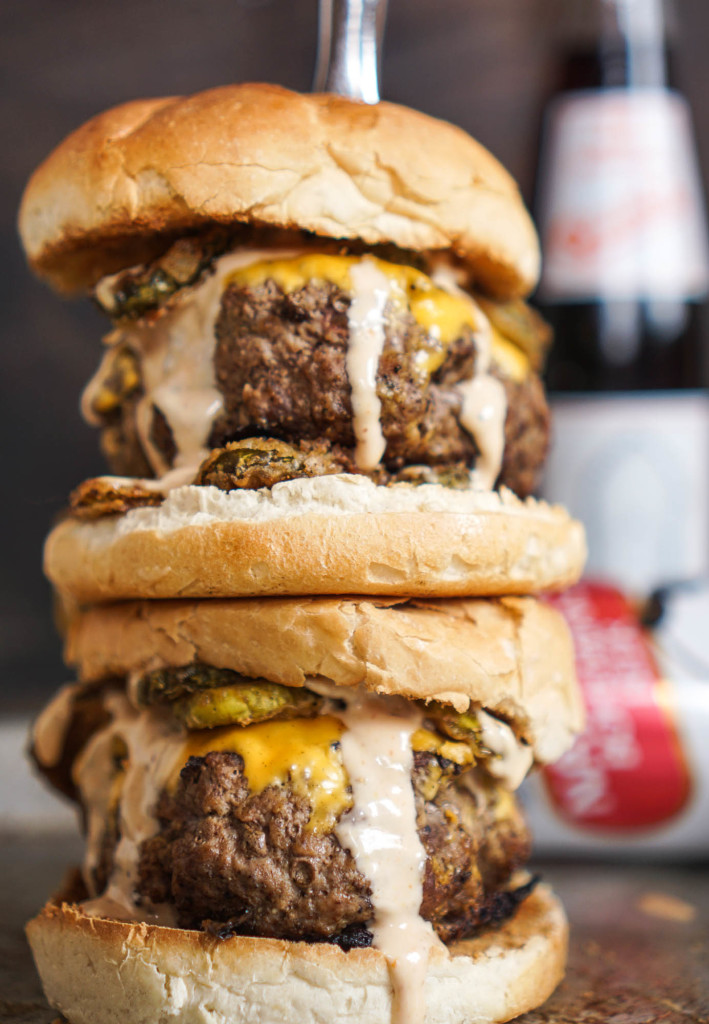 The Game Day Burger with Fried Pickles and Burger Bomb Sauce