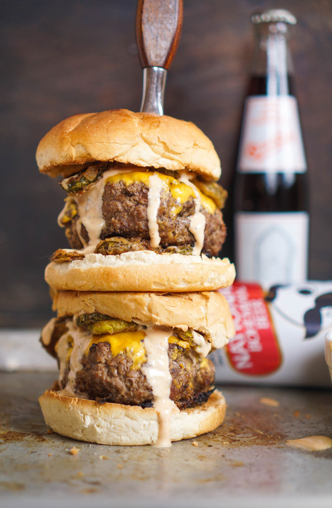 The Game Day Burger with Fried Pickles and Burger Bomb Sauce