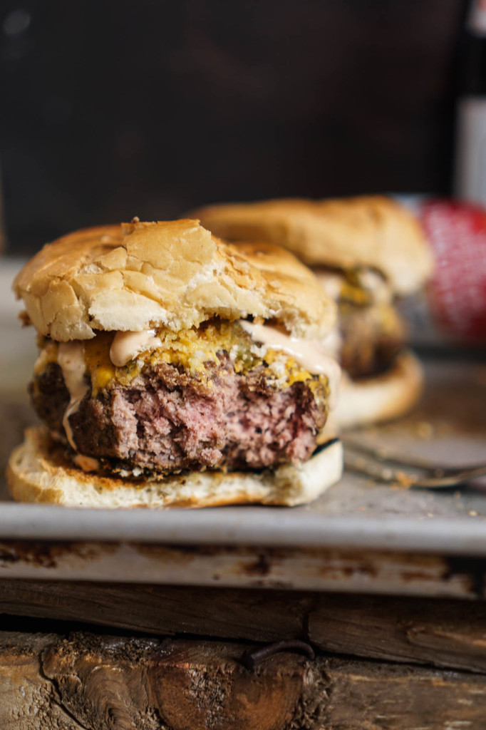 The Game Day Burger with Fried Pickles and Burger Bomb Sauce