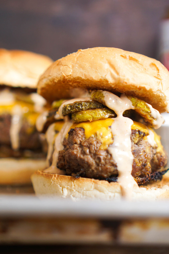 The Game Day Burger With Fried Pickles And Burger Bomb Sauce 