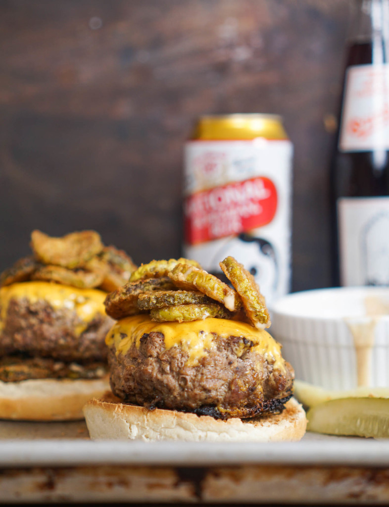 The Game Day Burger with Fried Pickles and Burger Bomb Sauce