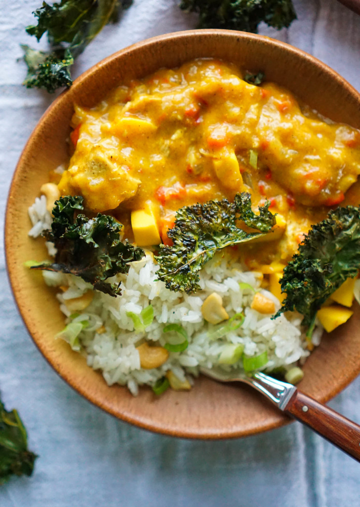 Mango Curry Chicken & Rice with Crunchy Curry Kale Chips