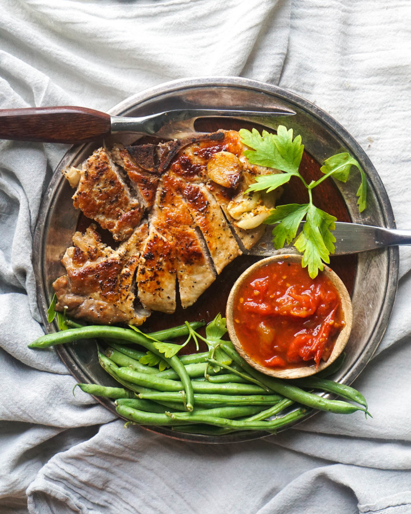 Reverse Sear Pork-Chop with Cumin-Lime Tomato Sauce