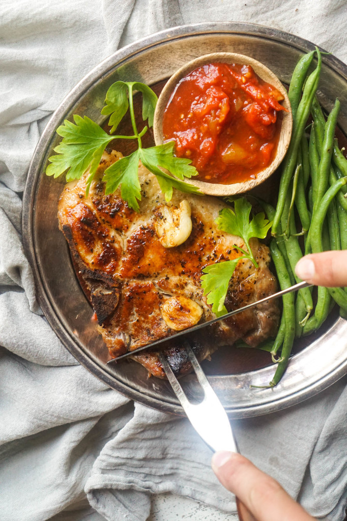 Reverse Sear Pork-Chop with Cumin-Lime Tomato Sauce