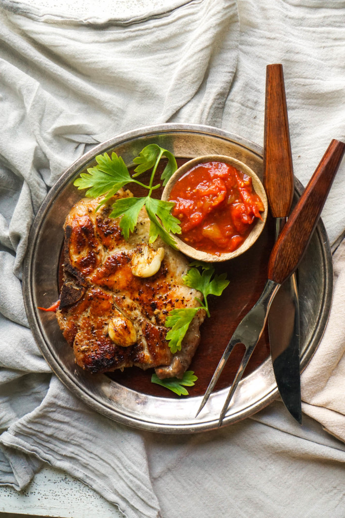 Reverse Sear Pork-Chop with Cumin-Lime Tomato Sauce