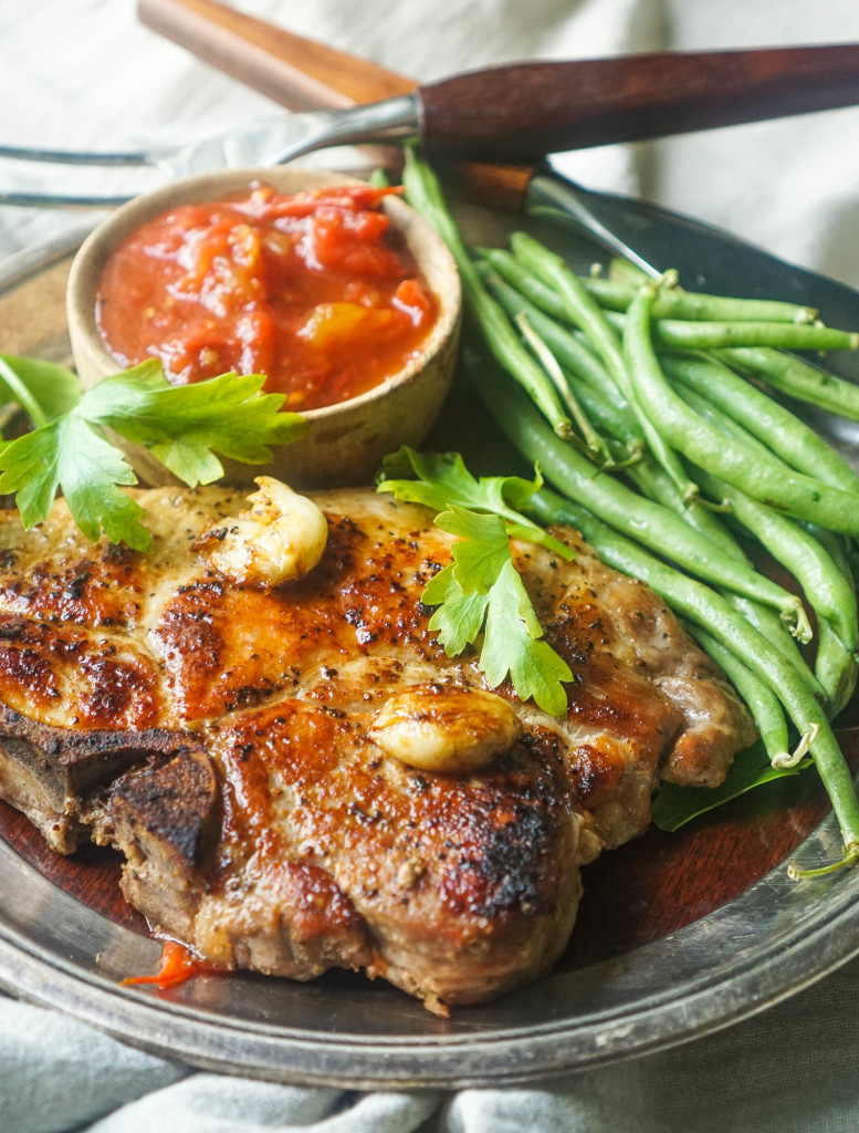 Reverse Sear Pork-Chop with Cumin-Lime Tomato Sauce