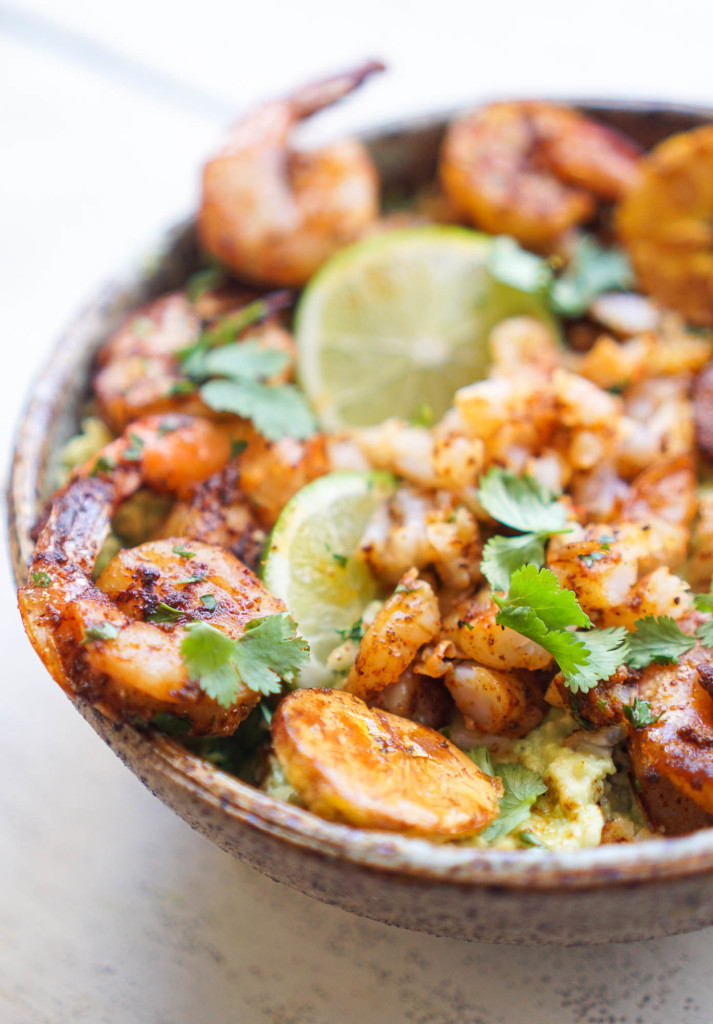 Loaded Guacamole with Chili Shrimp + Roasted Plantains (Whole30)