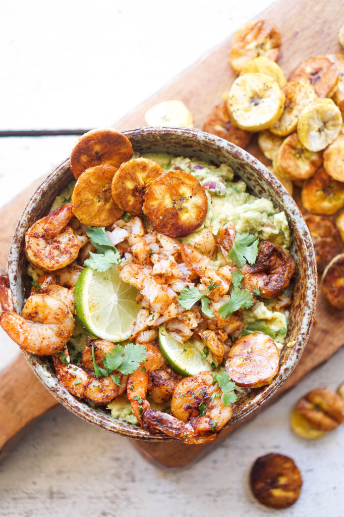 Loaded Guacamole with Chili Shrimp + Roasted Plantains (Whole30)