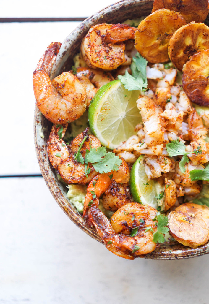 Loaded Guacamole with Chili Shrimp + Roasted Plantains (Whole30)