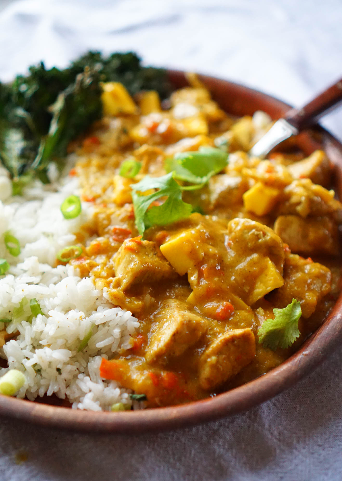 Mango Curry Chicken & Rice with Crunchy Curry Kale Chips